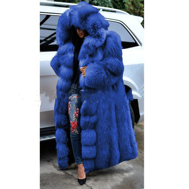 Hooded Long Faux Fur Coat in blue