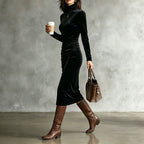 Velvet Mock Neck Ruched Midi Dress, photo 1