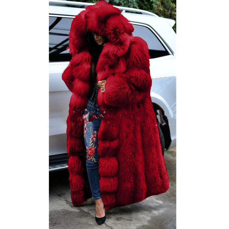 Hooded Long Faux Fur Coat in red