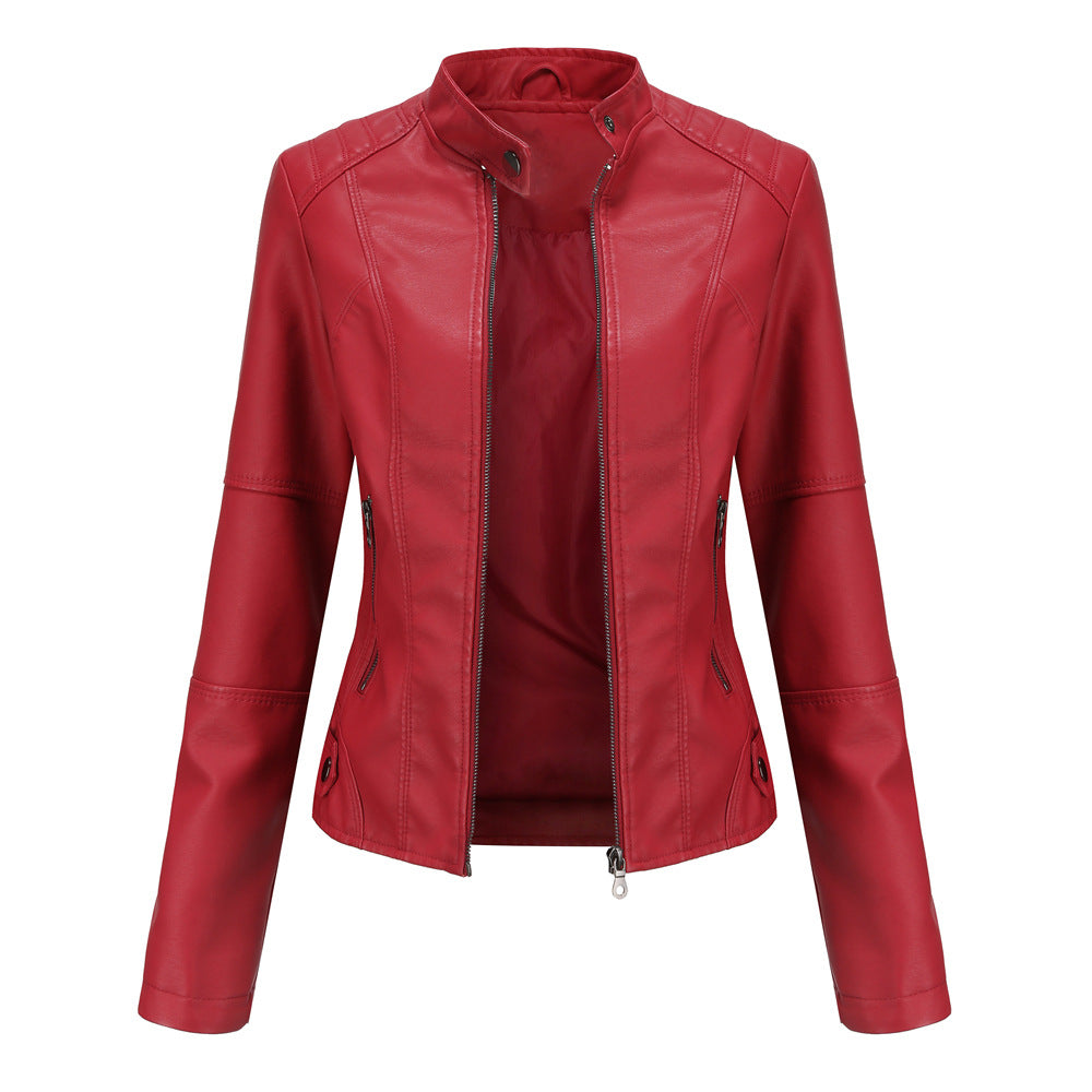 Faux Leather Stand Collar Biker Jacket in red