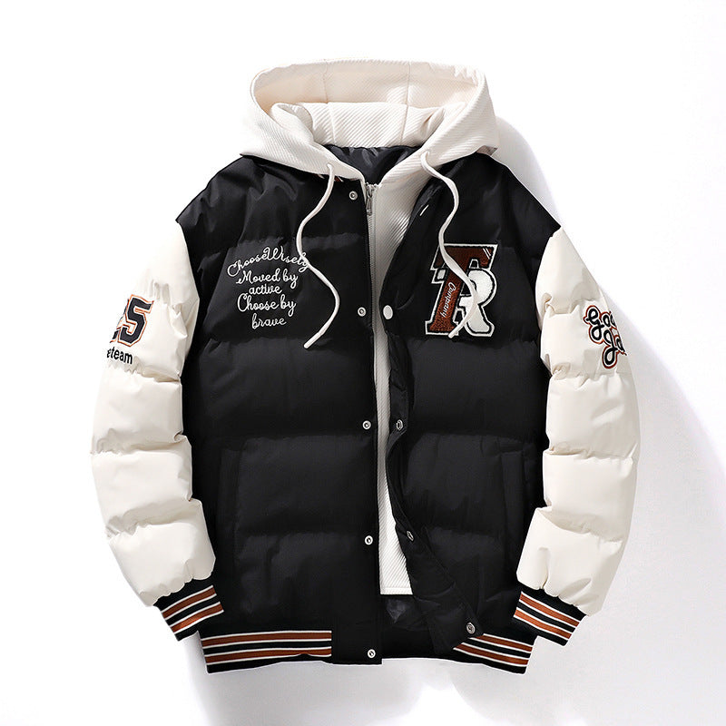 Varsity Puffer Jacket With Hood in black