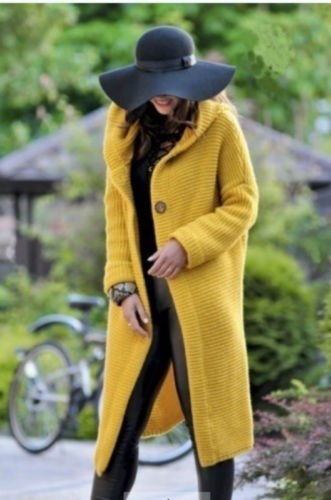 Long Hooded Chunky Knit Cardigan in yellow