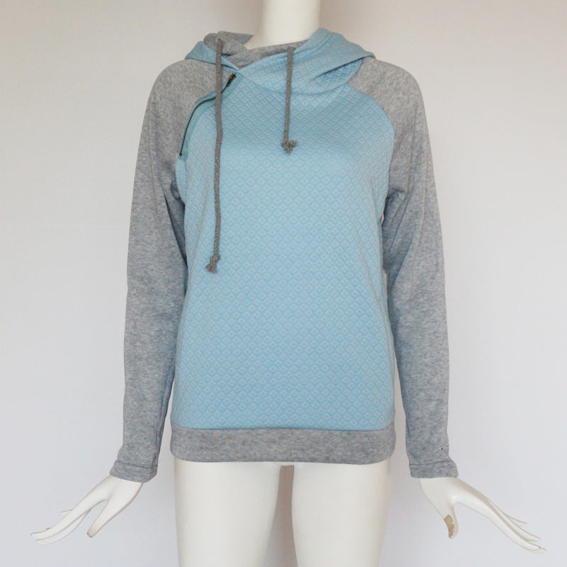 Diagonal Zip Cowl Neck Hoodie in grey/blue