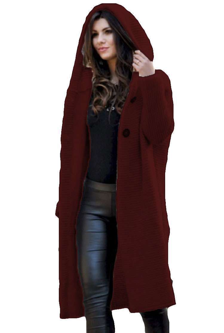 Long Hooded Chunky Knit Cardigan in wine red