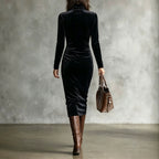 Velvet Mock Neck Ruched Midi Dress, photo 2