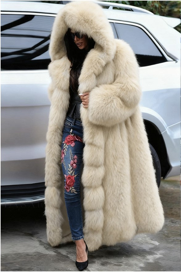 Hooded Long Faux Fur Coat in apricot