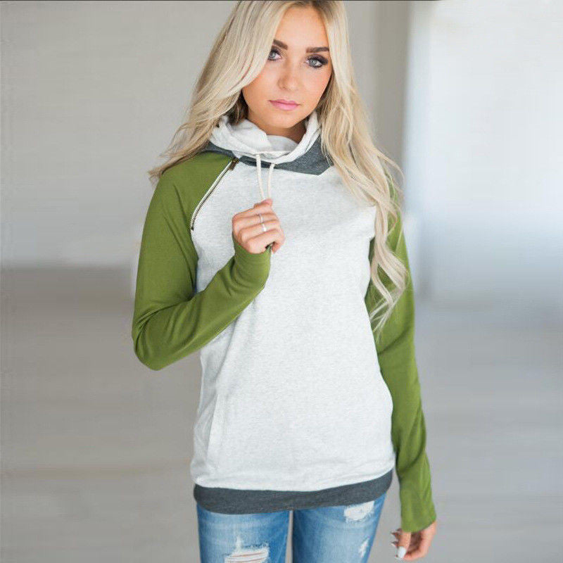 Diagonal Zip Cowl Neck Hoodie in green