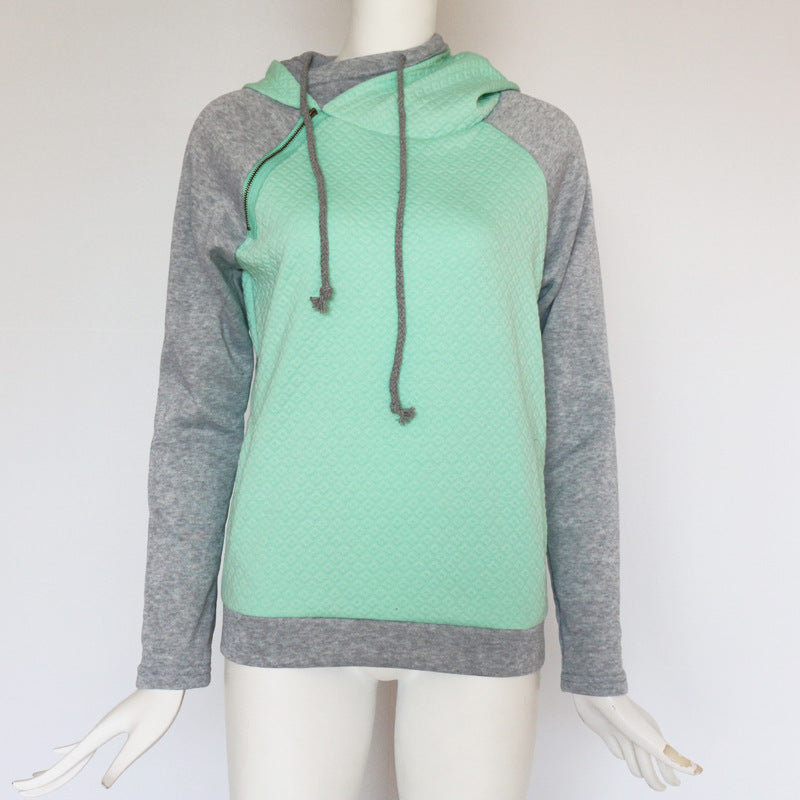 Diagonal Zip Cowl Neck Hoodie in grey/green