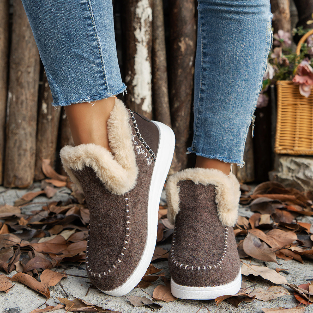 Fur Lined Suede Ankle Snow Boots in dark brown