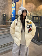 Embroidered Patch Puffer Jacket in cream