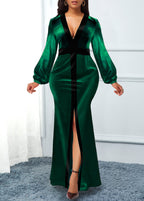 Velvet Puff Sleeve Maxi Dress in green