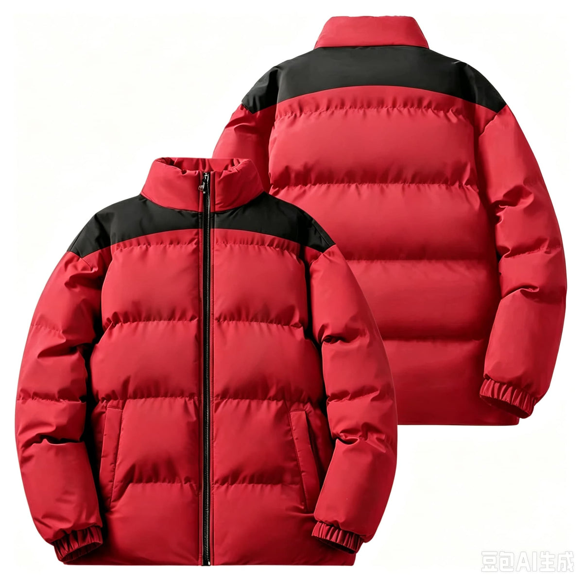 Retro Colour Block Puffer Jacket in red/black