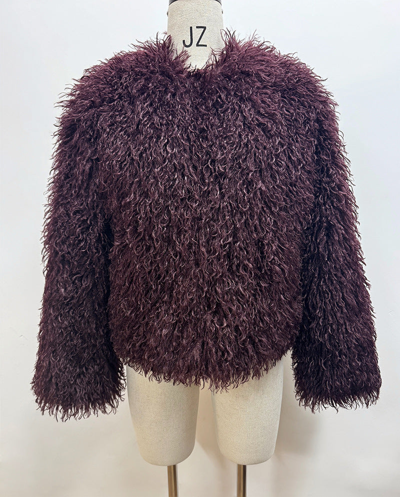 Short Faux Fur Jacket in wine red