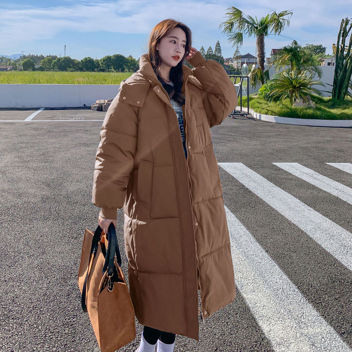 Oversized Longline Puffer Coat in brown