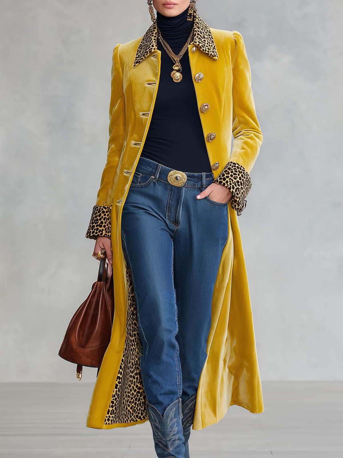 Velvet Trench Coat With Leopard Collar in yellow