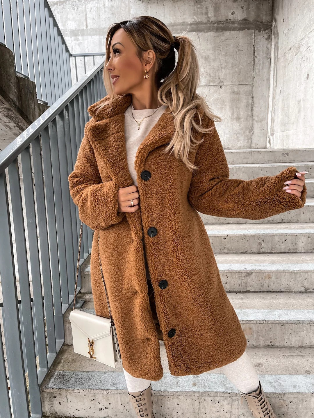 Teddy Coat With Lapels in dark brown