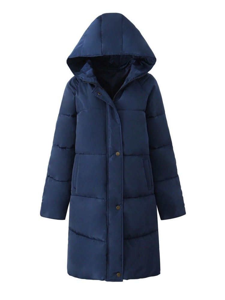 Hooded Longline Puffer Jacket in navy blue