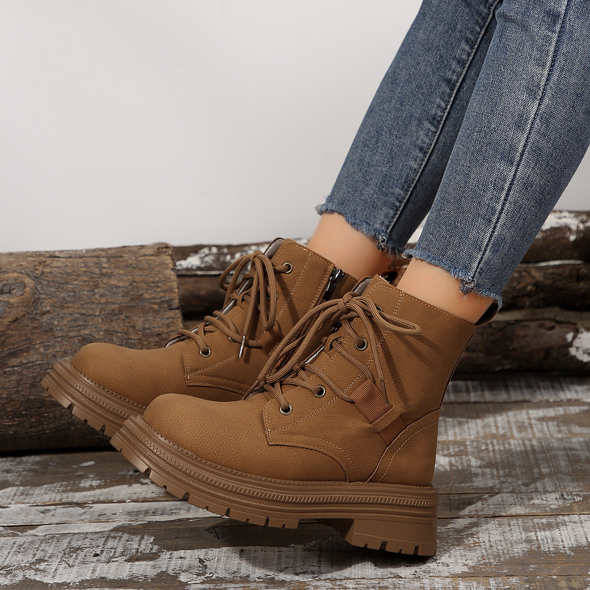 Lace-Up Block Heel Ankle Boots in brown