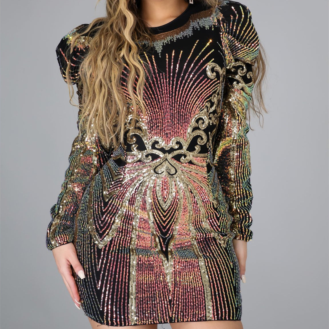 Patterned Sequin Long Sleeve Mini Dress, photo 1
