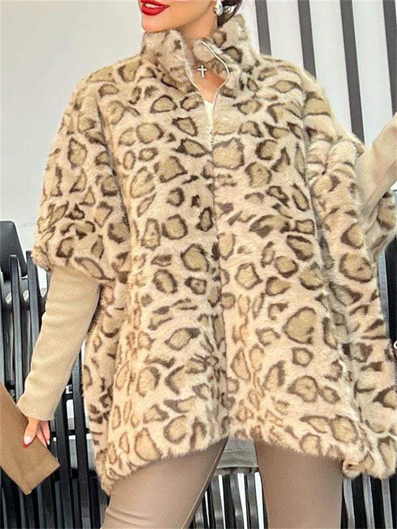 Leopard Faux Fur Cape Coat in khaki leopard