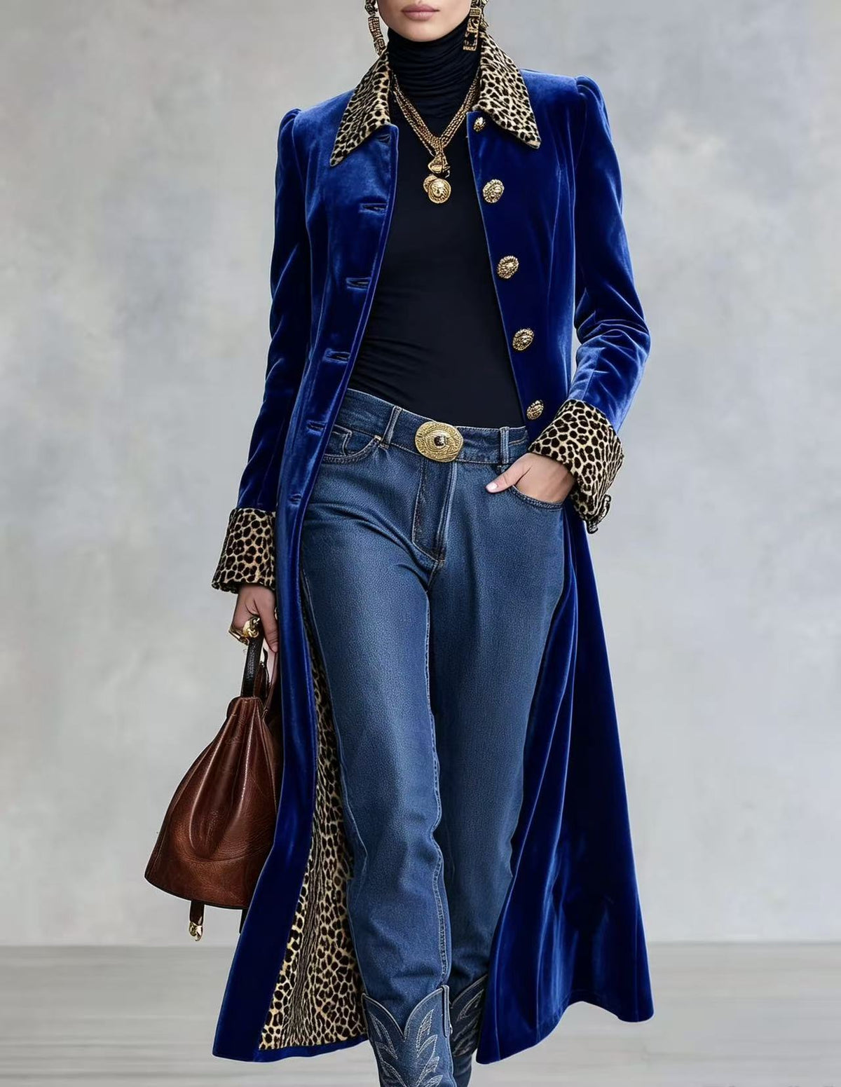 Velvet Trench Coat With Leopard Collar in blue