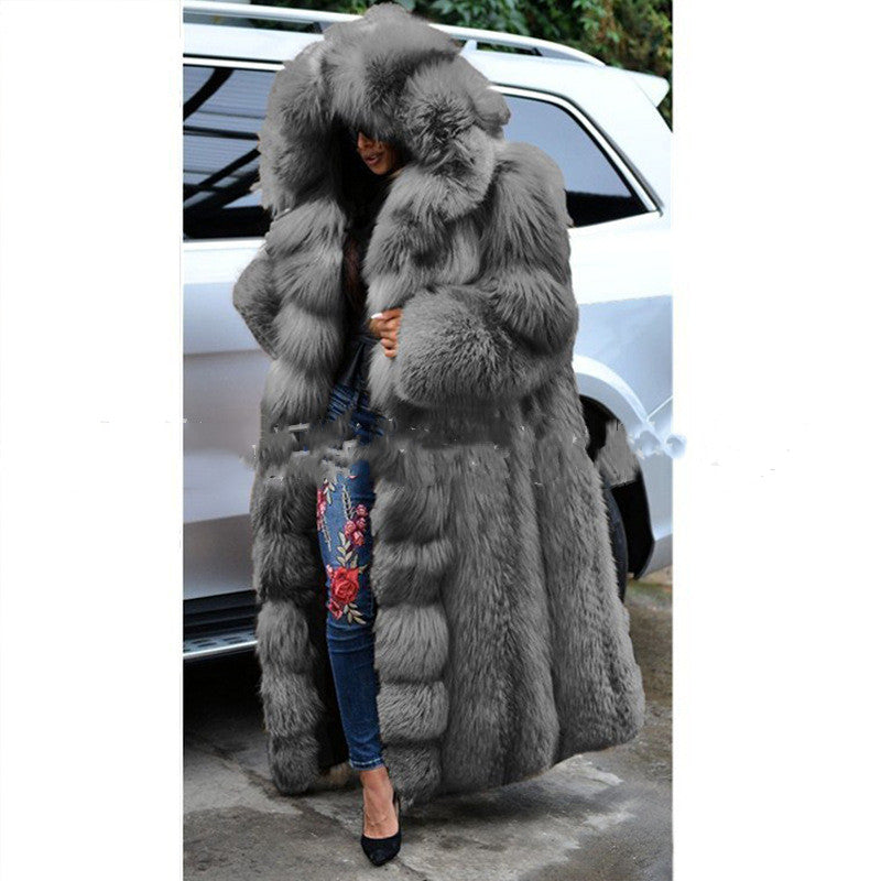 Hooded Long Faux Fur Coat in grey