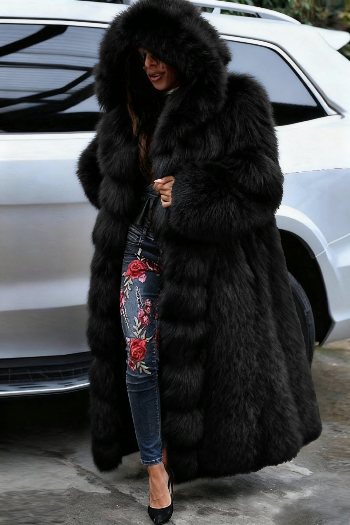 Hooded Long Faux Fur Coat in black