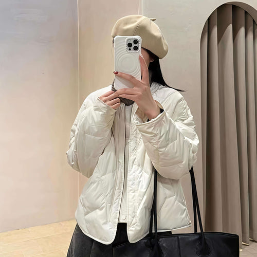 Collarless Quilted Puffer Jacket in beige