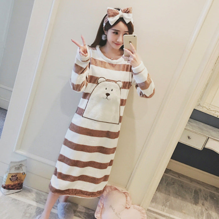 Flannel Nightdress in brown stripe