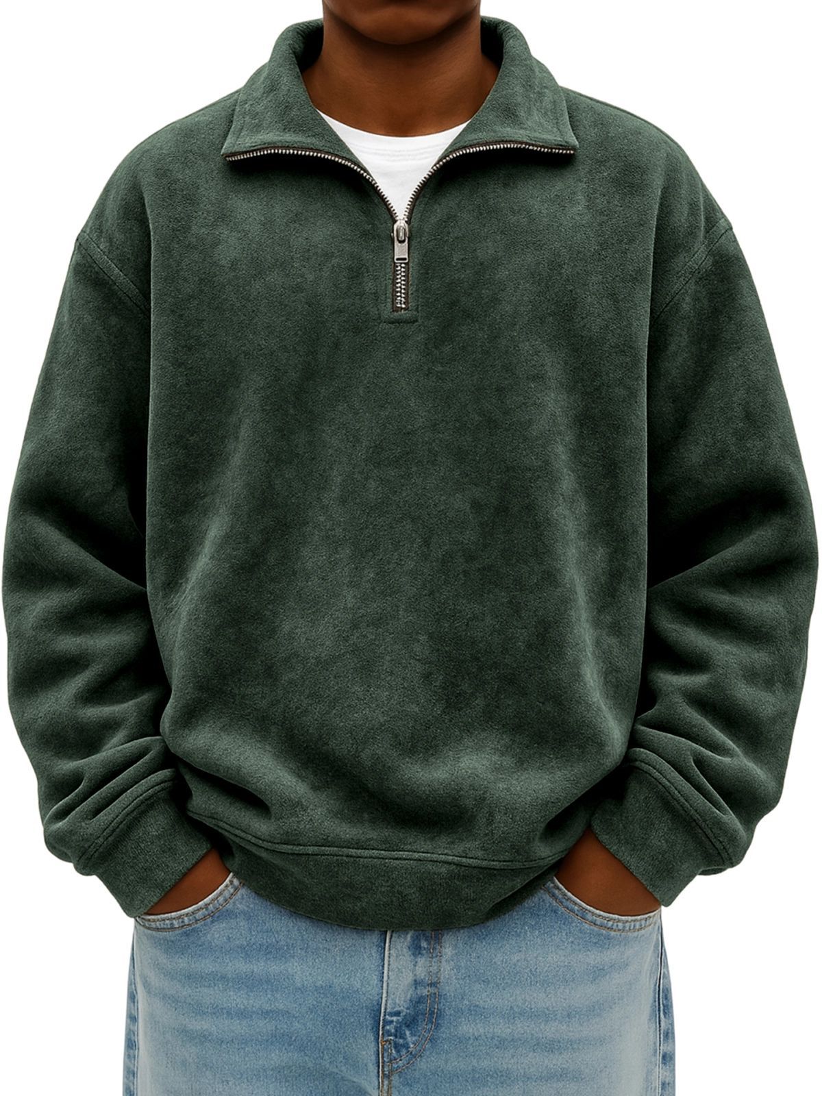 Half Zip Stand Collar Sweatshirt in dark green