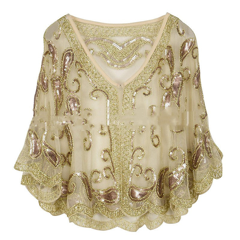 Sequin Embroidered Mesh Evening Cape in champagne