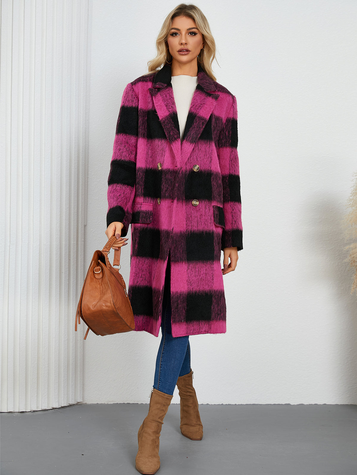 Plaid Long Coat in rose red
