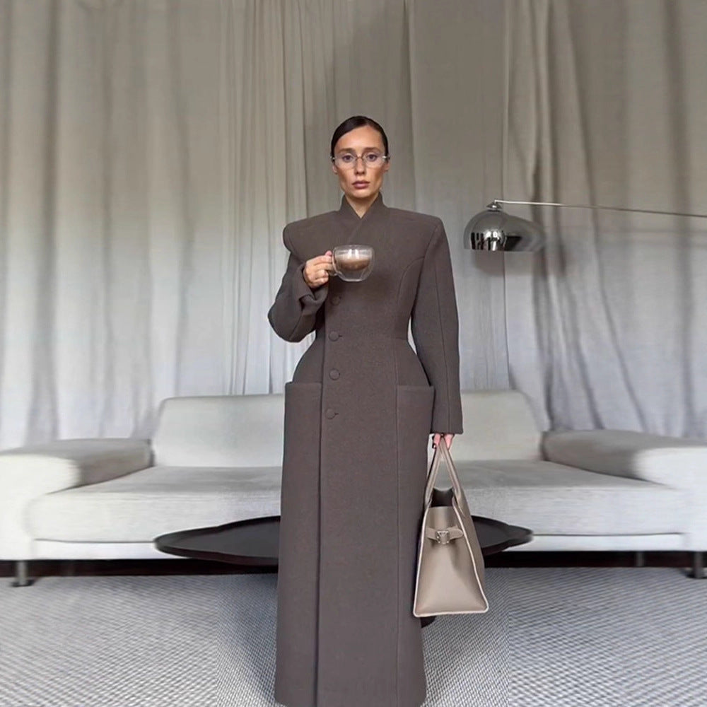Padded Shoulder Maxi Coat in taupe
