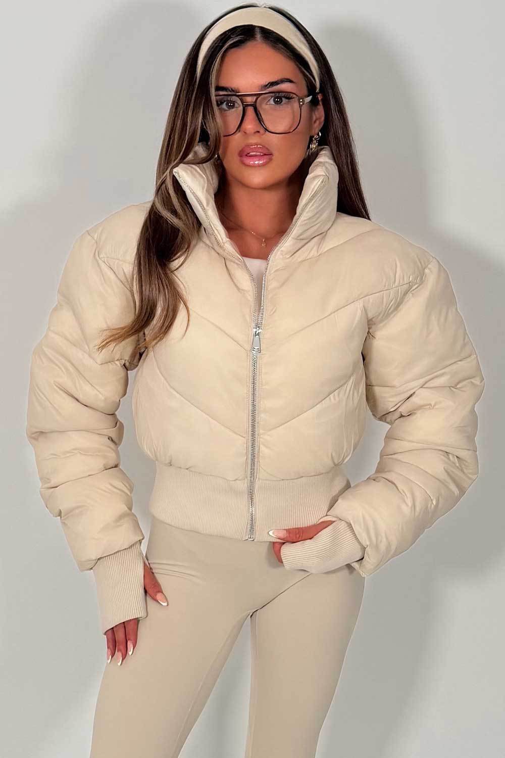 Short Puffer Jacket With Stand Collar in apricot