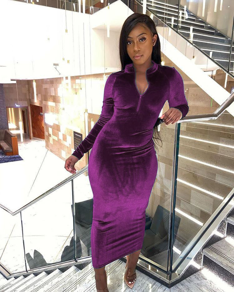 Velvet Collared Maxi Dress in purple