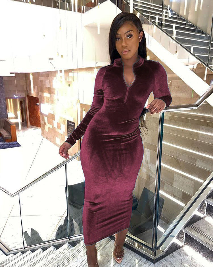 Velvet Collared Maxi Dress in wine red