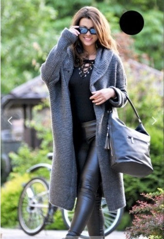 Long Hooded Chunky Knit Cardigan in grey