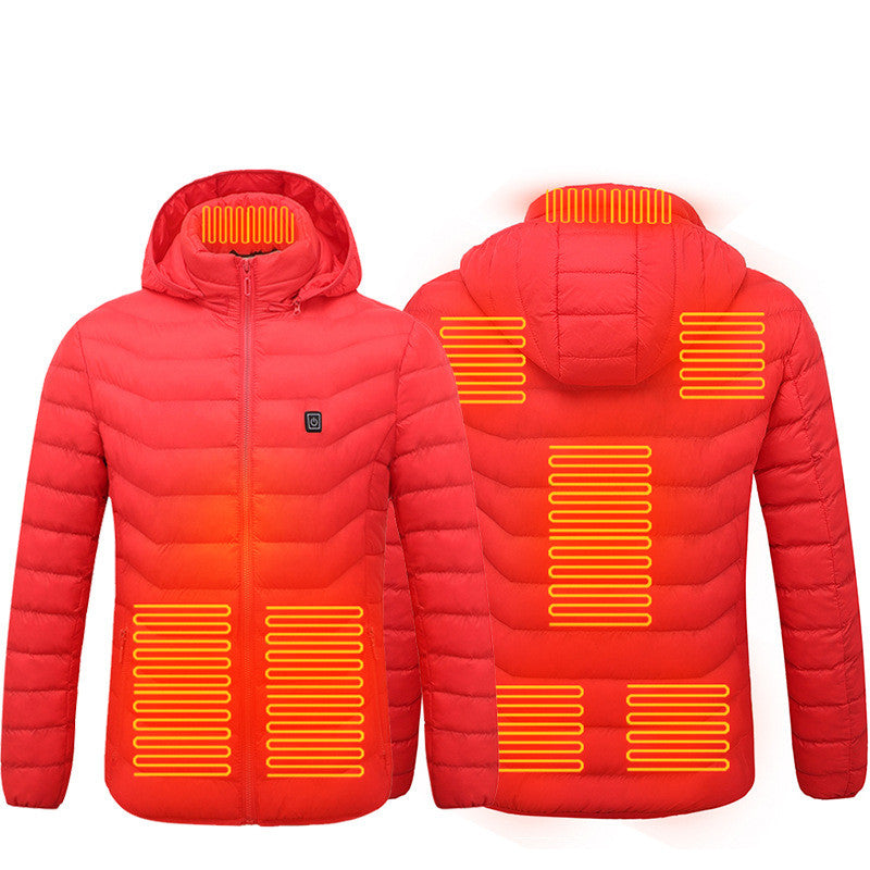 Heated Hooded Puffer Jacket in red