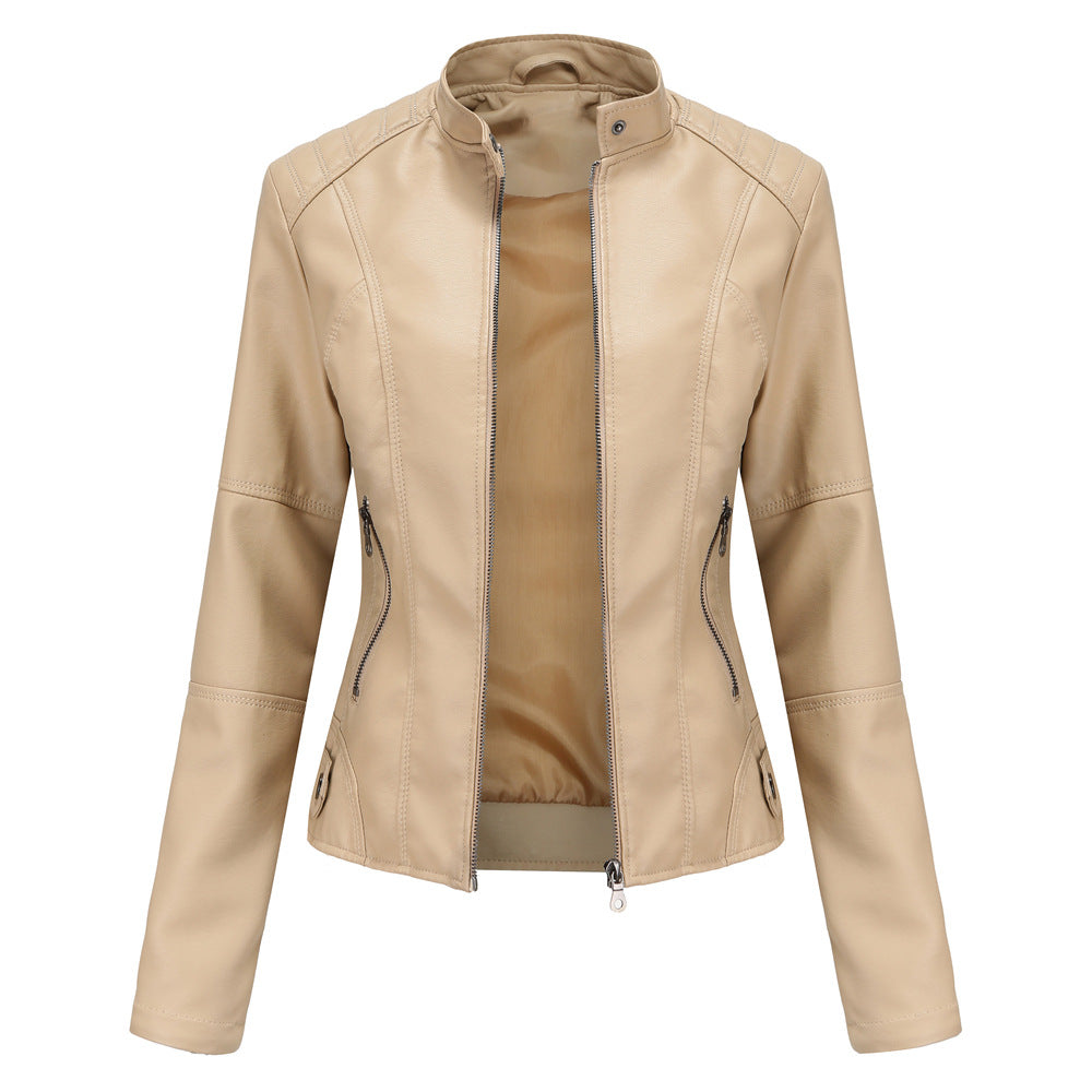 Faux Leather Stand Collar Biker Jacket in apricot