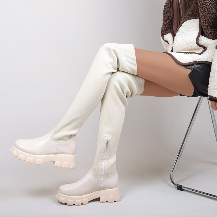 Knee High Platform Boots in beige