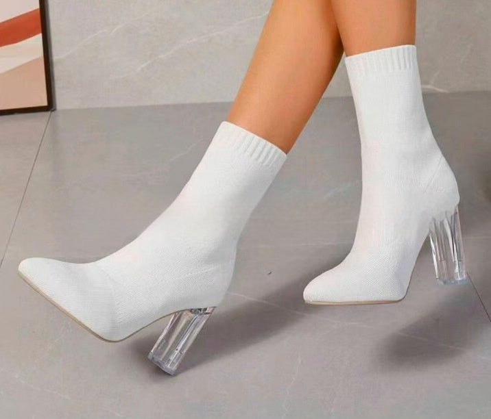 Knitted Sock Ankle Boots in white (clear heel)
