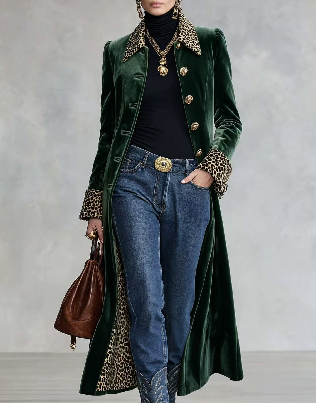 Velvet Trench Coat With Leopard Collar in green