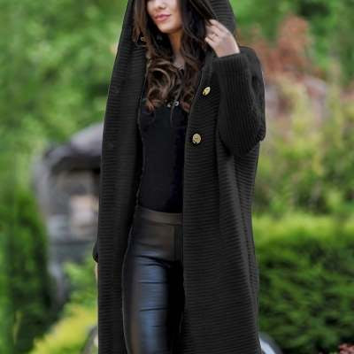 Long Hooded Chunky Knit Cardigan in black