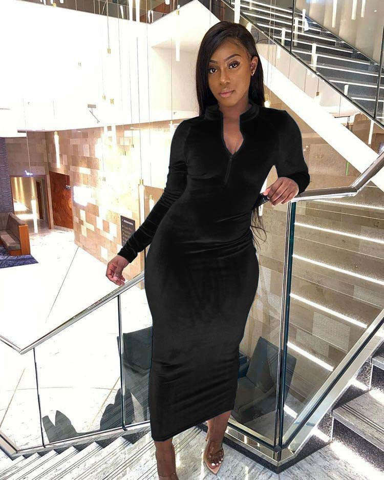 Velvet Collared Maxi Dress in black