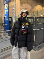 Embroidered Patch Puffer Jacket in black