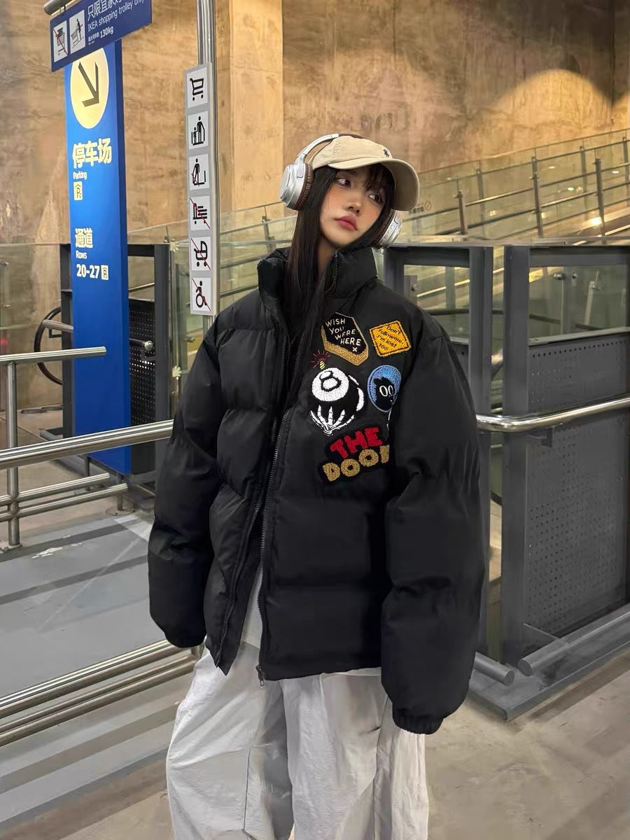 Embroidered Patch Puffer Jacket in black