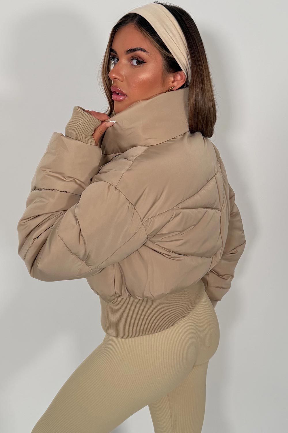 Short Puffer Jacket With Stand Collar in camel