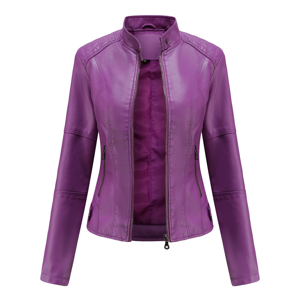 Faux Leather Stand Collar Biker Jacket in purple