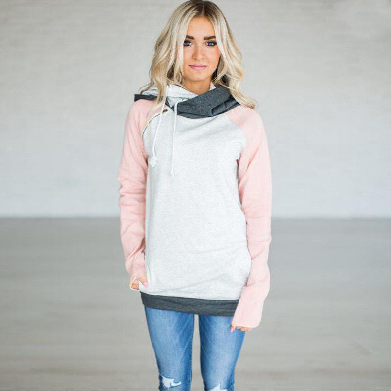 Diagonal Zip Cowl Neck Hoodie in pink