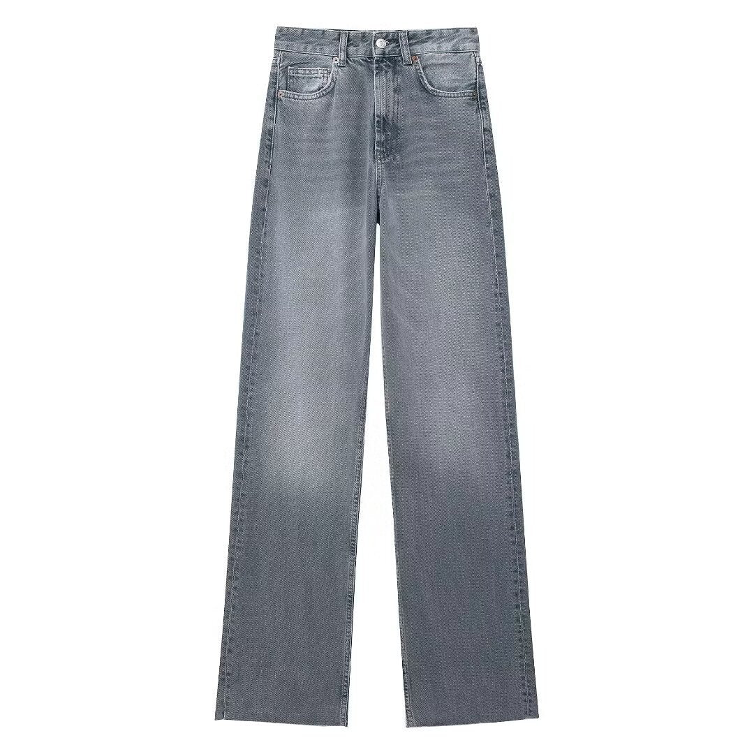 High Waist Straight Wide Leg Jeans in grey blue